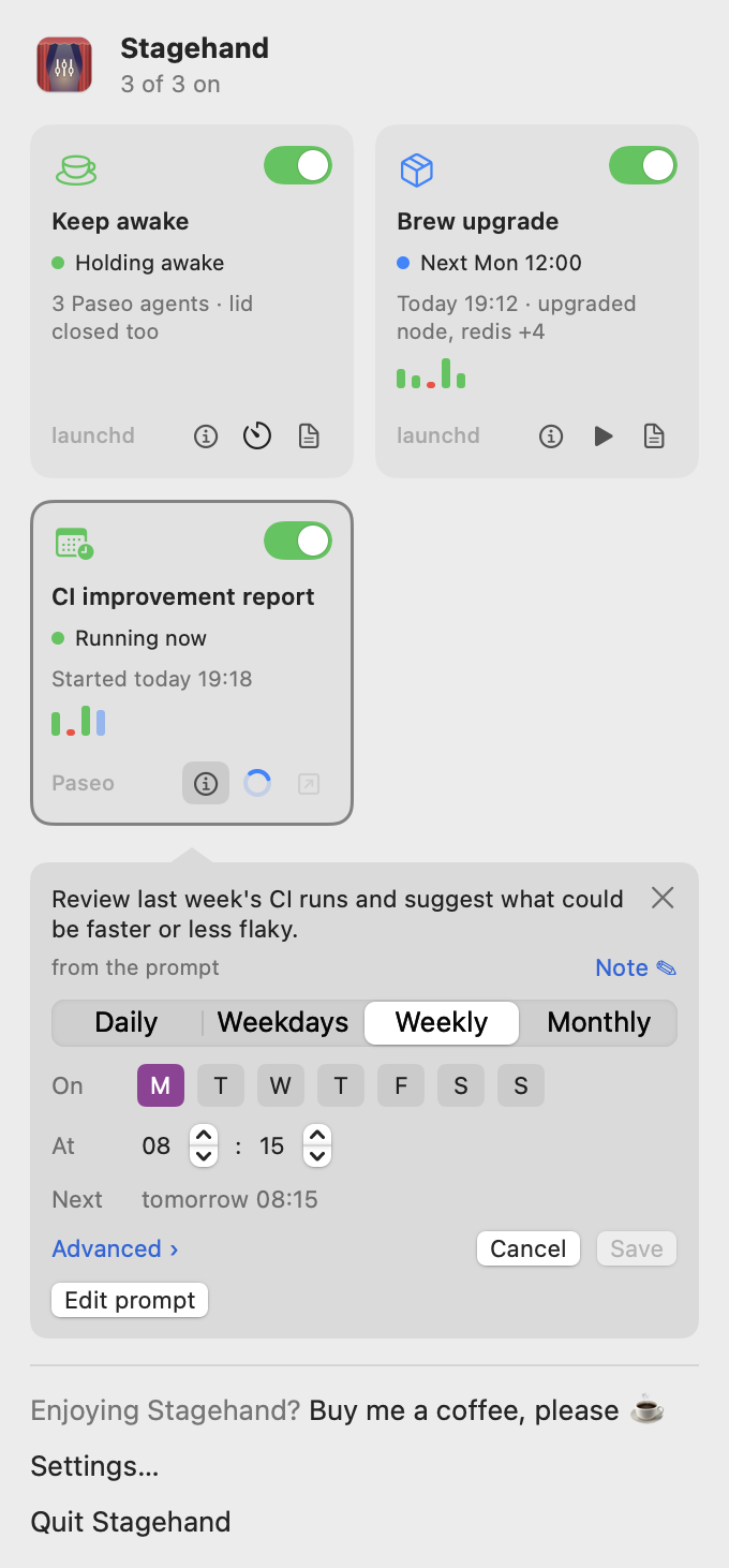 The details panel of the CI improvement report: its description from the prompt, and the frequency editor set to weekly on Mondays at 08:15, with the next run shown as tomorrow 08:15